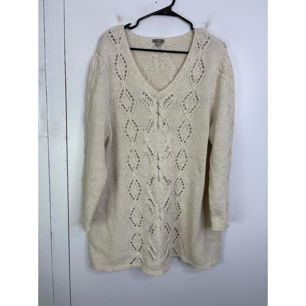 J Jill Sweater Womens 2X Knit Sequin Beading Cream Neutrals Elevated Casual